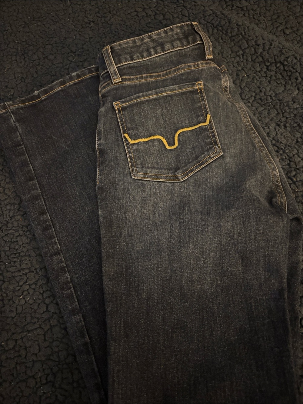Kimes Ranch Women’s Straight Leg Jeans in Dark Blue with Yellow Stitching